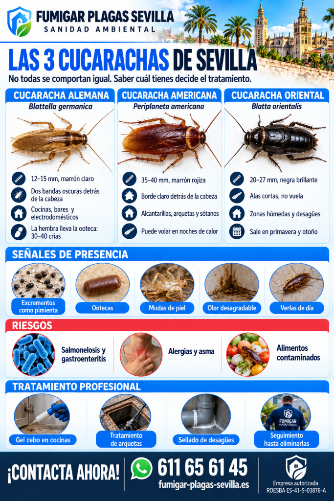 Fumigacion plagas casa precio: infografía de las cucarachas alemana, americana y oriental, señales y tratamiento