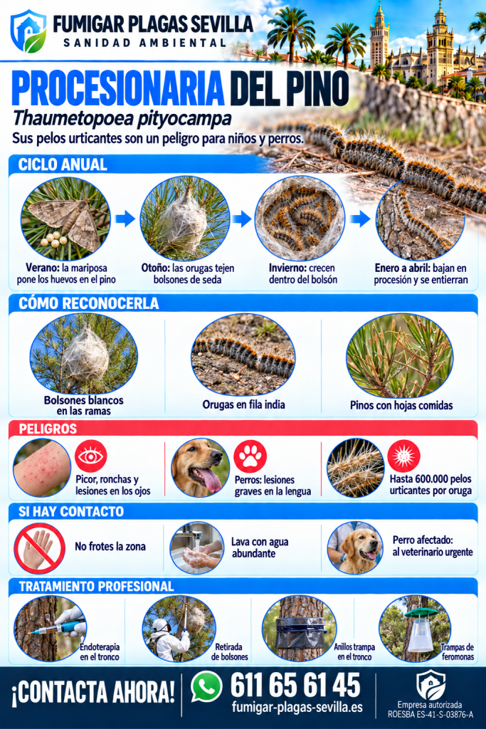 Plagas en Chucena: infografía de la procesionaria del pino, ciclo y peligros