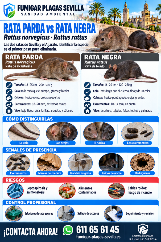 Control de plagas en Mairena del Aljarafe: infografía rata parda y rata negra, diferencias, señales y control