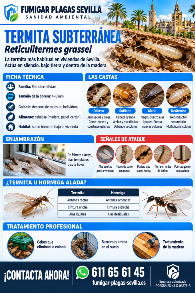 Control de plagas en Mairena del Aljarafe: infografía de la termita subterránea, castas, señales de ataque y tratamiento
