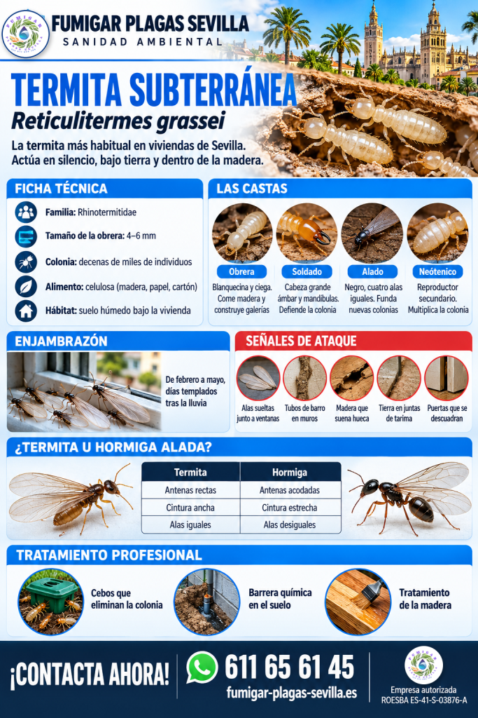 Termitas en Sotogrande: infografía de la termita subterránea, señales y tratamiento