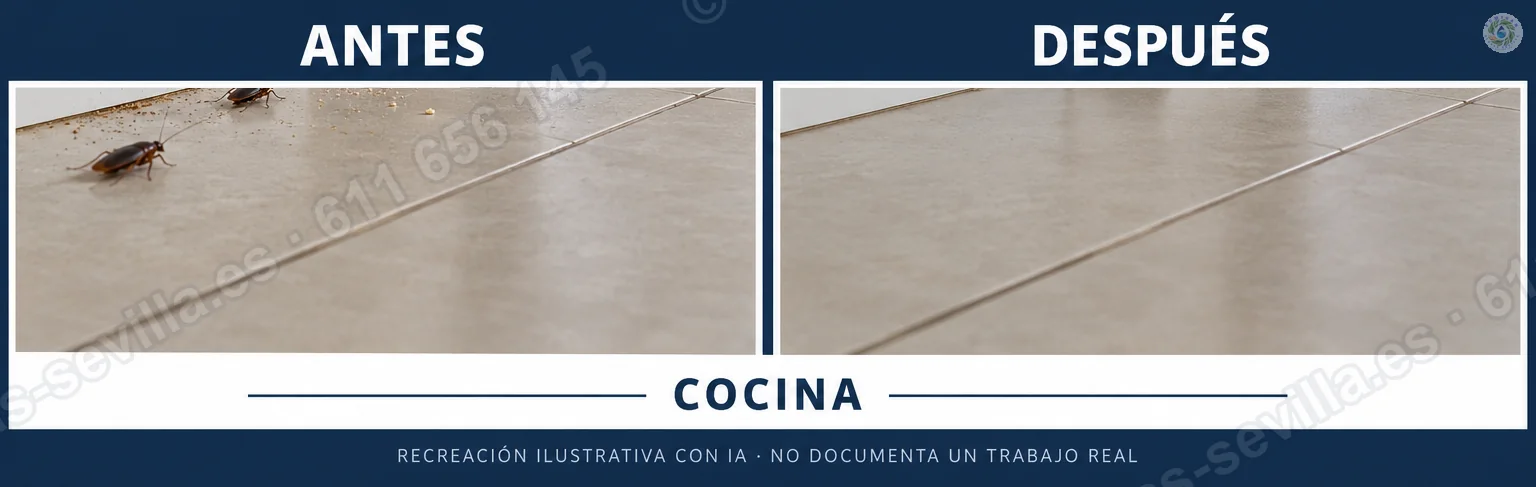 Recreación ilustrativa: cucarachas en el suelo de una cocina antes y después del tratamiento