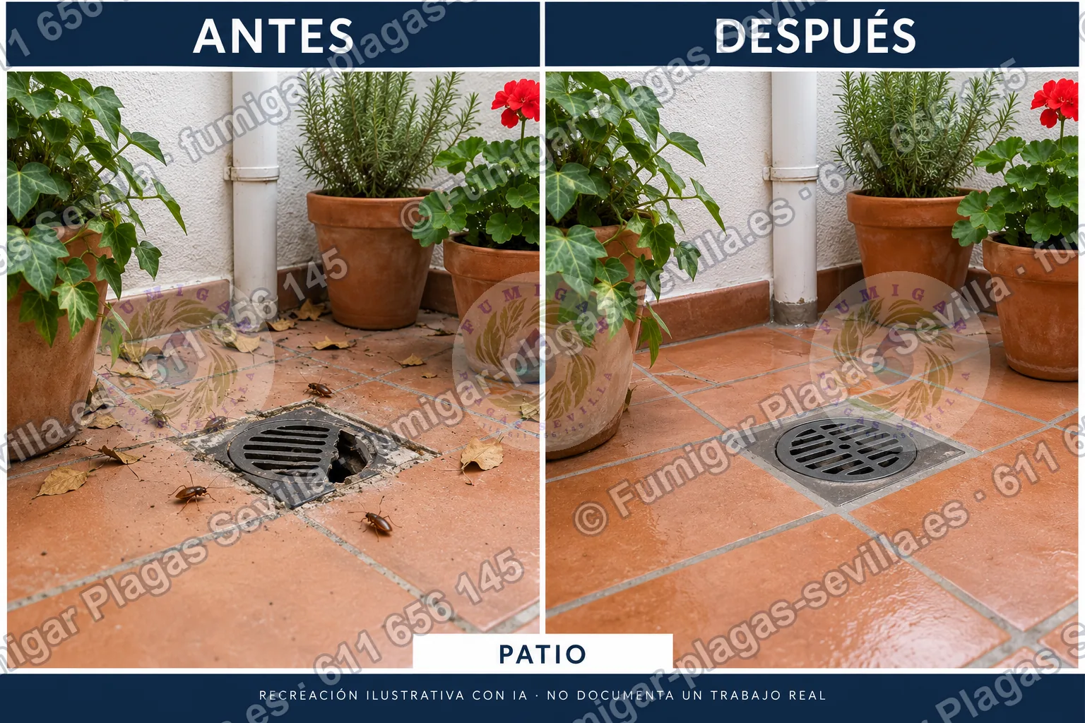 Recreación ilustrativa: cucarachas en el sumidero de un patio antes y después del tratamiento