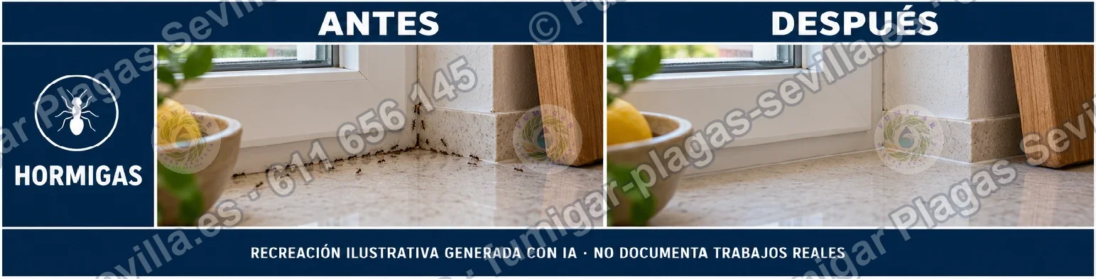 Recreación ilustrativa: hormigas en una ventana de cocina antes y después del tratamiento