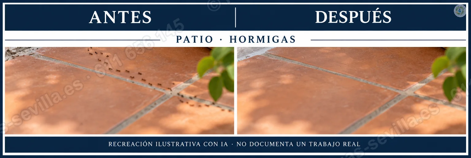 Recreación ilustrativa: hormigas en el suelo de un patio antes y después del tratamiento