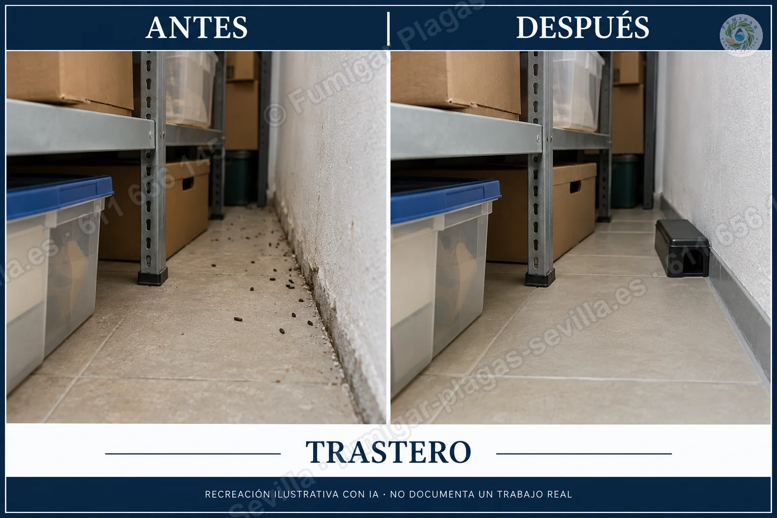 Recreación ilustrativa: roedores en un trastero antes y después del tratamiento