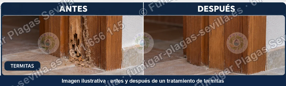 Imagen ilustrativa: madera dañada por termitas antes y después del tratamiento