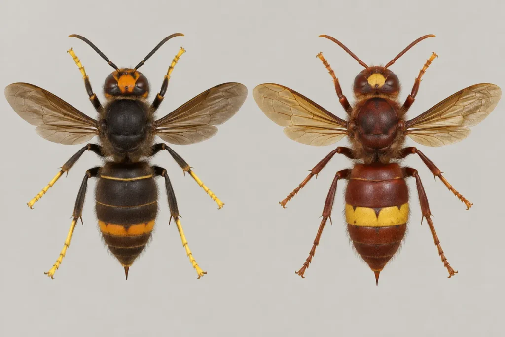 Asian hornet (Vespa velutina), almost black with one orange band and yellow leg tips, next to the reddish-brown Oriental hornet (Vespa orientalis) with a broad yellow band