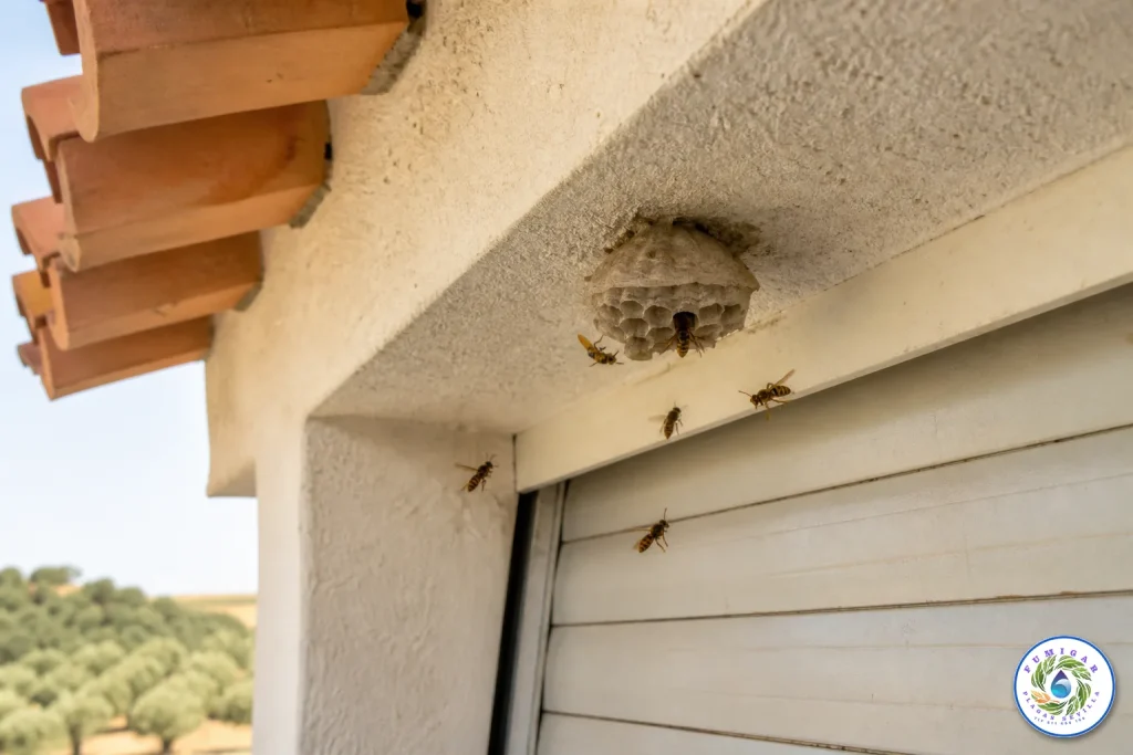 avispas en Olivares junto a un nido en la persiana de una vivienda