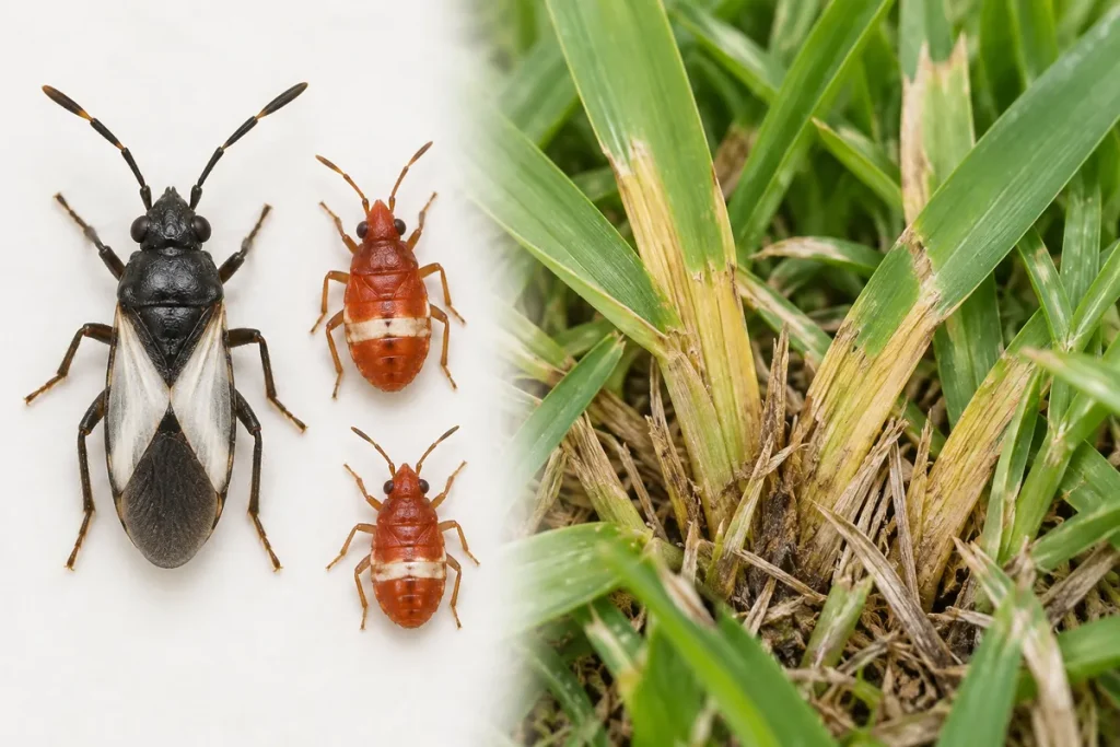 Chinch bug (Blissus) adult with white wings and red nymphs with a white band, next to yellowing St Augustine grass
