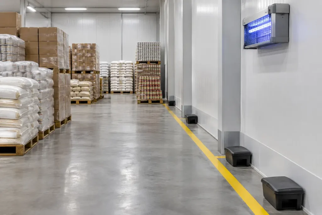 Almacén de alimentos con trampa de luz para insectos y estaciones de cebo a lo largo de las paredes