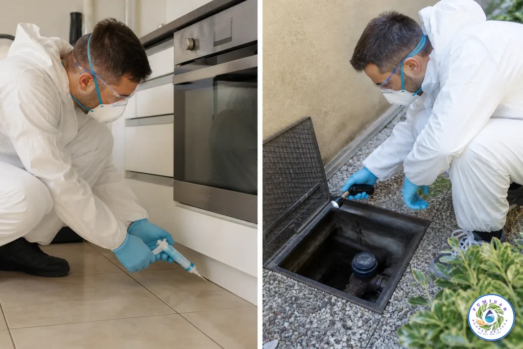 Técnico de control de plagas aplicando tratamiento profesional contra cucarachas