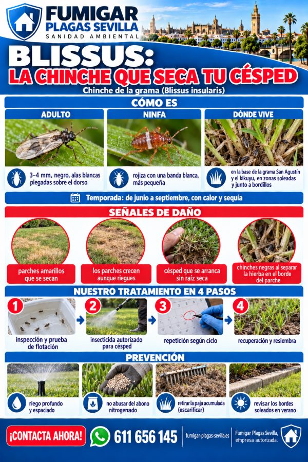 Infografía de blissus, chinche de la grama: ficha técnica para reconocerla y eliminarla