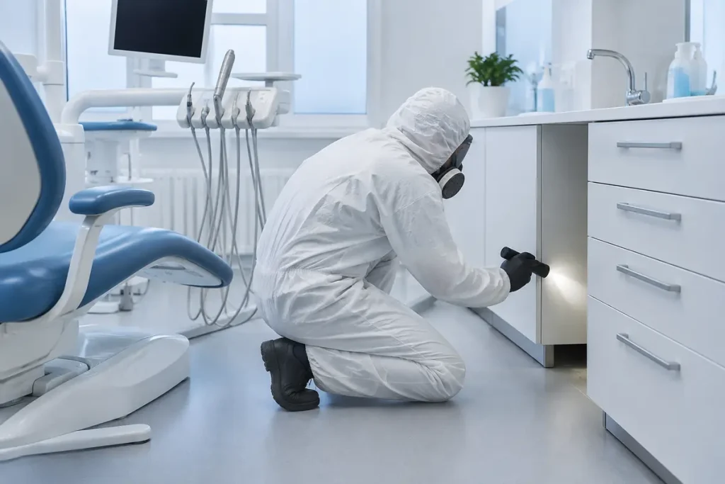 Técnico de control de plagas con mono blanco y mascarilla inspeccionando un gabinete dental