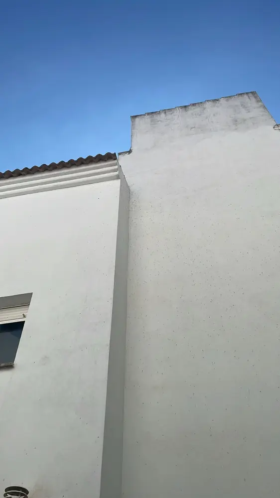 Fachada blanca de una vivienda con manchas de guano de murciélago en la parte alta, junto a las tejas