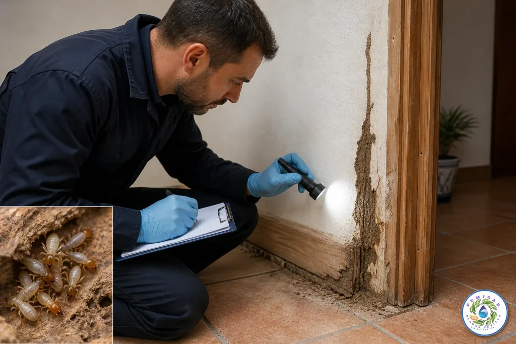 Técnico revisando señales de termitas en un rodapié de madera en Olivares